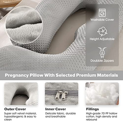 Elover U Shaped Pregnancy Pillow,Full Body Maternity Support - color: Minky Dot Velvet-light Gray