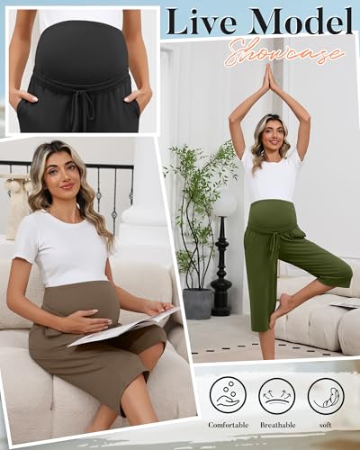 3 Pack Maternity Capri Pants - color: Black, Army Green, Coffee, size: X-Large