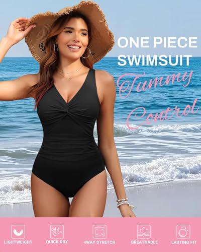 Women's Tummy Control One Piece Swimsuit Push Up Full Coverage Bathing Suit - color: Black, size: Medium