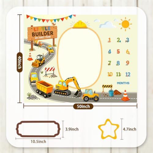 Truck Construction Baby Monthly Milestone Blanket, Little Builder 12 Months Growth Record Photo Prop Blanket, Excavator Bulldozer Infant Baby Shower for Boys,50x40inch Includes 2 Frame - color: Truck