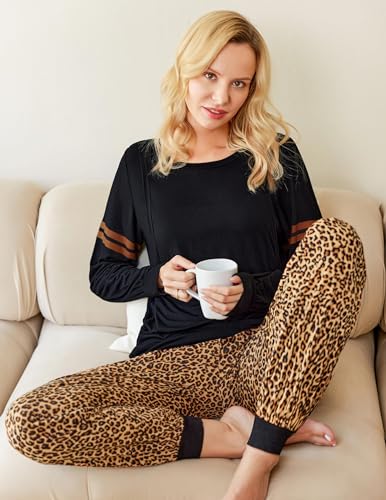 Maternity Pajamas Set Nursing Breastfeeding Postpartum Pregnancy Pjs - color: Black-leopard Print, size: Small