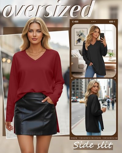 Huukeay 3 Pack Women's Oversized Long Sleeve V Neck Shirts - color: Black, Haze Blue, Wine Red, size: Small