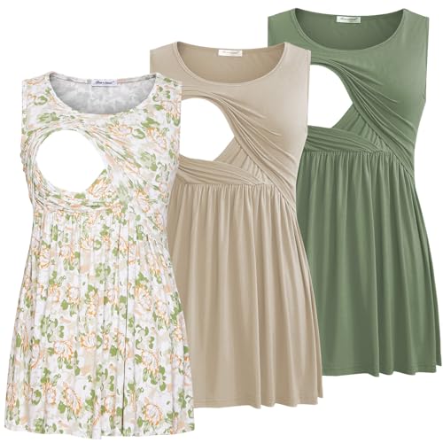 Bearsland Maternity Nursing Tank Tops - color: Khaki&gray Green&green White Flower, size: Large