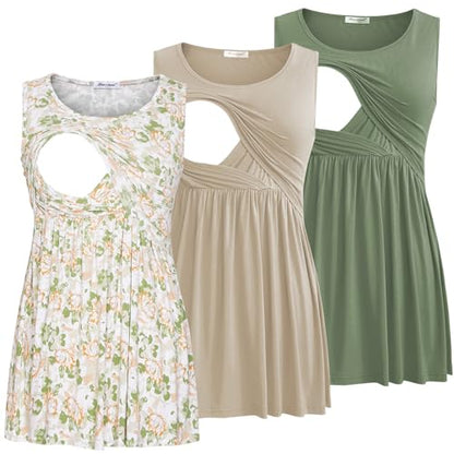 Bearsland Maternity Nursing Tank Tops - color: Khaki&gray Green&green White Flower, size: Large