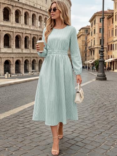 ANRABESS Women's Long Sleeve Striped Fall Midi Dress with Pockets - color: Green White Stripe, size: Medium