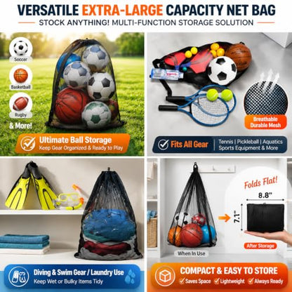 Heavy Duty Mesh Ball Bag, Drawstring Sport Equipment Storage Bag - color: Black-L