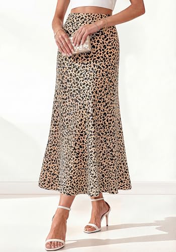 BTFBM Silk Midi Skirts for Women 2026 Summer Fall - color: Leopard Print, size: Small