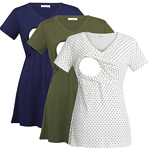 Bearsland Womens 3 Packs V Neck Nursing Tops Maternity Breastfeeding Tee Shirts - color: Armygreen+blue+whitepoint(3pcs), size: Medium