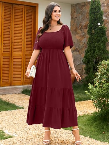 RWJ Women's Plus Size Summer Dresses Short Sleeve Smocked Boho Maxi Dress - color: Burgundy, size: 3X-Large Plus
