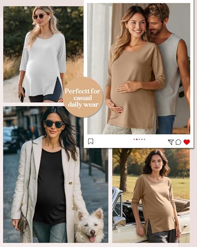 3 Pack Women's 3/4 Sleeve Maternity Loose Crewneck Tops - color: White, Khaki, Black, size: Medium