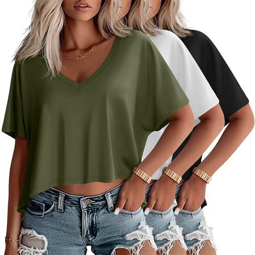Huukeay 3 Pack Women's Oversized V Neck T Shirts - color: Army Green, White, Black, size: Small