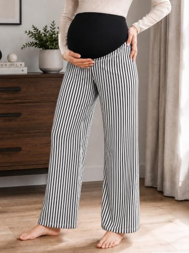 Yousify Womens Maternity Pants Casual Wide Leg Pregnancy Trousers - color: Black Striped, size: Medium