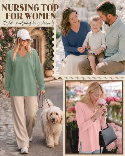 3 Pack Women's Nursing Breastfeeding Long Sleeve Shirts - color: Haze Blue, Pink, Light Green, size: Large