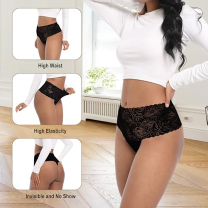 High Waisted Leaf Thick Waistband Lace Cotton Soft Thong Plus Size - color: 5 Pieces Black, size: Medium