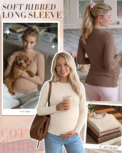 Huukeay 3 Pack Women Ribbed Long Sleeve Crew Neck Maternity Tops - color: Apricot, Khaki, Coffee, size: Medium