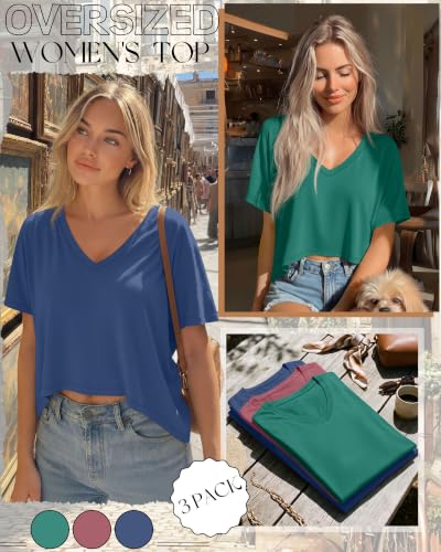 Huukeay 3 Pack Women's Oversized V Neck T Shirts - color: Berry, Dark Green, Hazy Blue, size: Medium