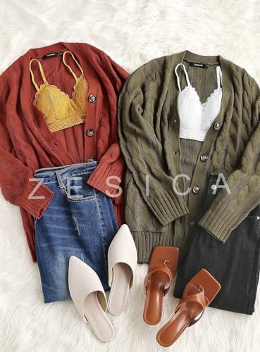 ZESICA Long Sleeve Button Down Open Front Cable Knit Cardigan Sweaters - color: Armygreen, size: Medium