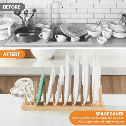 4 PCS Bamboo Dish Drying Rack, Pot Lid Plate Organizer Holder for Cabinet - color: Bamboo 8 Slots 4pcs