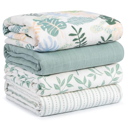 Muslin Swaddle Blankets for Newborn, Cotton Receiving Blanket - color: Sage Green Leave