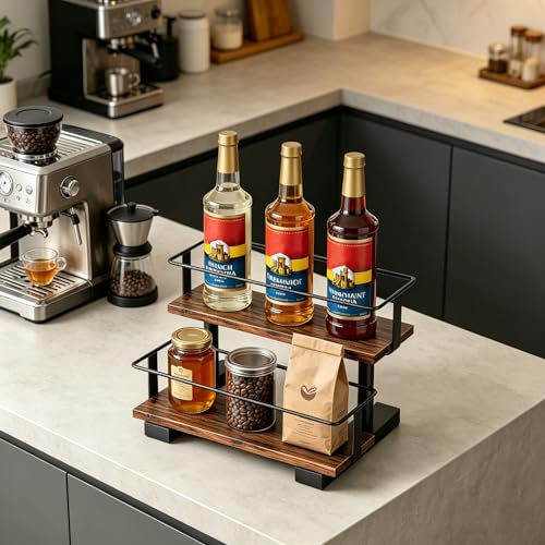 2-Tier Coffee Syrup Rack with Wooden Shelves, Holds 6 Bottles - size: 6-bottle