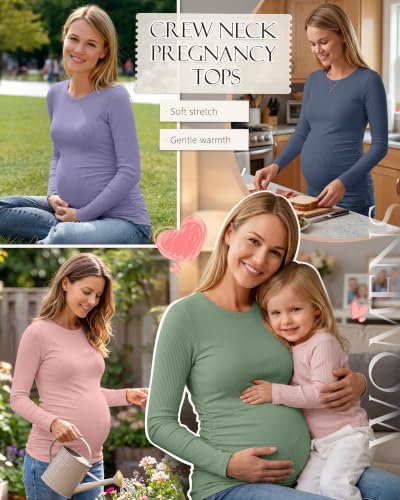 Ficerd 4 Pack Women's Maternity Shirts Long Sleeve Pregnancy Top - color: Light Pink, Gray Green, Haze Blue, Lavender Purple, size: Medium