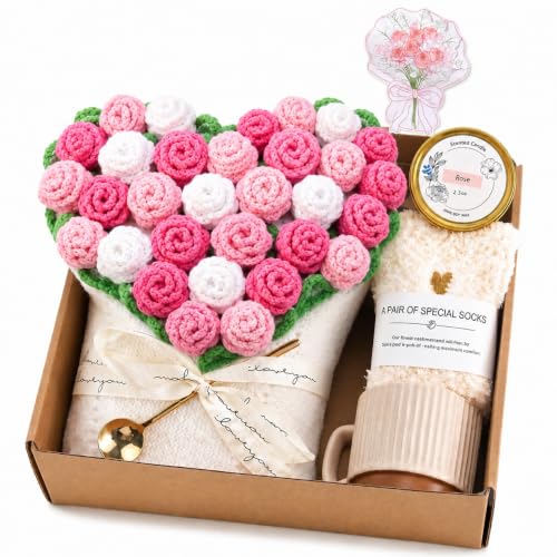 52 Crochet Rose Blanket Gift Baskets for Women - color: Mixed Pink