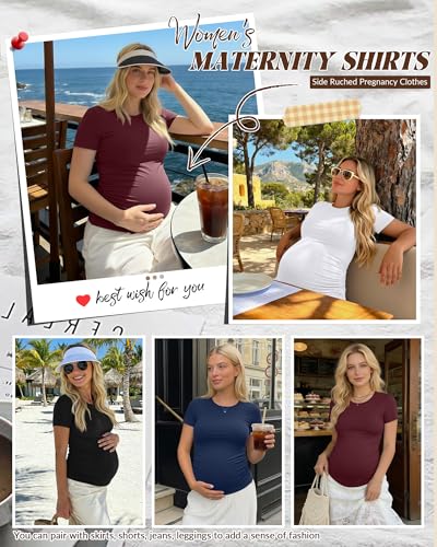 Huukeay 4 Pack Women's Short Sleeve Maternity Tops - color: Black, Wine Red, White, Navy Blue, size: Medium