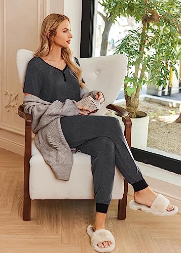 Ekouaer Pajamas for Women Set 2 Piece Fall Sleepwear with Pockets - color: Dark Gray, size: Medium