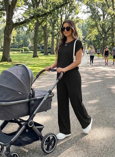 BLENCOT Maternity Sets Summer Ribbed Knit Pajamas Outfits - color: Black, size: Medium
