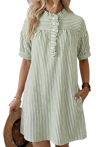 BLENCOT Summer Dresses for Women Puff Sleeve Striped Button Mini Dress - color: Green Stripe, size: Large