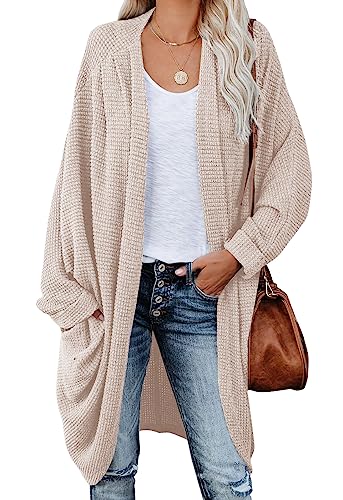 Womens Open Front Knit Cardigan Long Batwing Sleeve Oversized Sweater Chunky Waffle Cable Boho Pockets Coat - color: Beige, size: Large