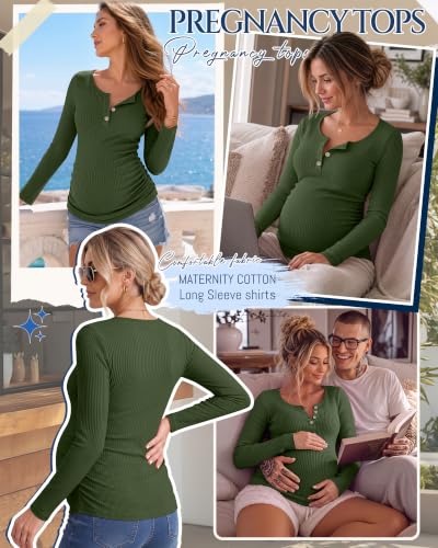 Maternity Long Sleeve Shirt Pregnancy Top - color: Army Green, size: X-Large