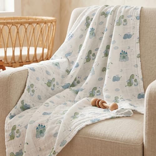 Muslin Swaddle Blankets for Newborn, Cotton Receiving Blanket - color: Blue Dinosaur
