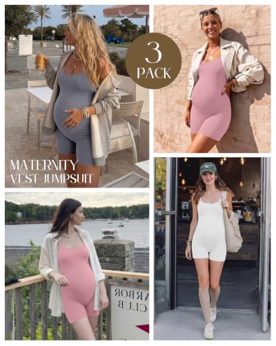 3 Pack Women's Maternity Jumpsuit Shorts - color: Gray, Pink, White, size: Large