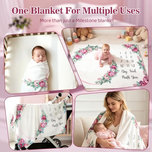 Monthly Milestone Blanket for Baby Girl Growth Chart Gift - color: Peony