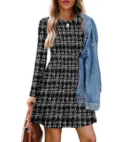 OFEEFAN Fall Dresses for Women 2026 Long Sleeve Crew Neck Sweater Dress - color: Black Plaid, size: Medium