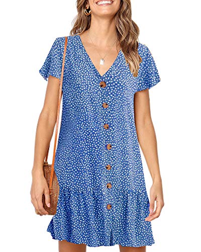 Imysty Womens Summer Polka Dot V Neck Button Down Loose Mini Dress - color: Blue, size: Small