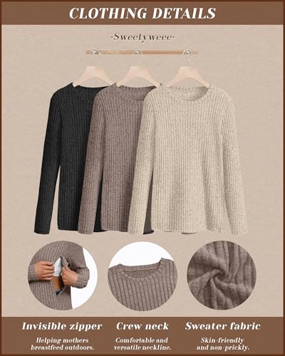 3 Pack Maternity Nursing Ribbed Long Sleeve Tops - color: Black, Apricot, Coffee, size: Large