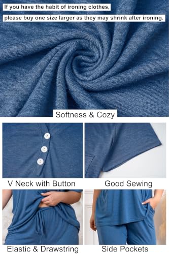 Vozanet Women's Plus Size Solid Pajama Sets Button V Neck Sleepwear Summer Shorts Nighty Soft Loungewear with Pockets - color: Blue, size: XX-Large
