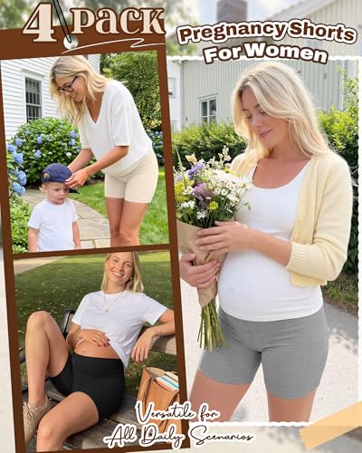 4 Pack Maternity Shorts - color: Brown, Beige, Light Gray, Black, size: Large