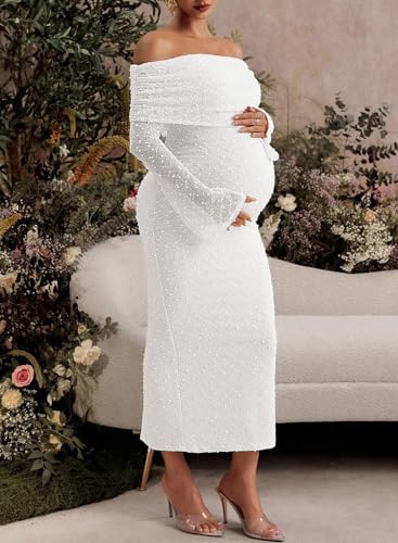 BLENCOT Womens Off Shoulder Flare Sleeve Split Bodycon Maternity Dress - color: White, size: Medium