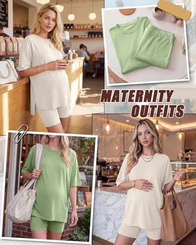 Huukeay 2 Pack Women Maternity Set Pregnancy Outfits - color: Mint Green, Cream, size: Medium