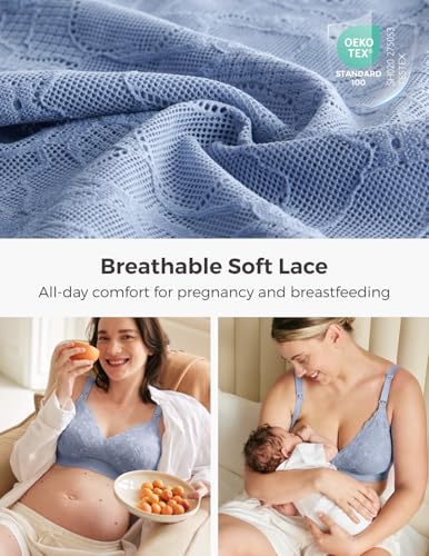 Momcozy Lace Nursing Bra for Breastfeeding, Wirefree Maternity Bra with Fixed Padding, Soft Deep V Bra - color: Bluebell, size: XX-Large