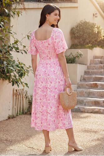 OUGES Women's V Neck Maternity Dress Baby Shower Midi Dresses with Pockets - color: Apricot Pink Floral, size: Small