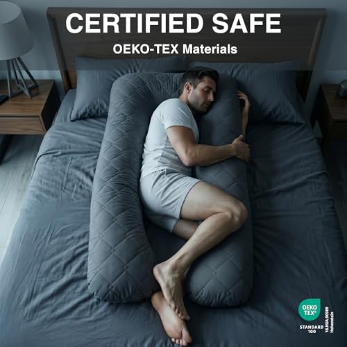 U Shaped Pillow Full Body Support Quilted 55 in Charcoal - color: Quilted – Charcoal