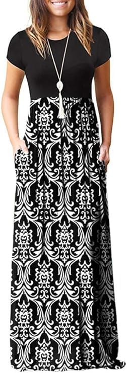 DEARCASE Maxi Dress for Women Short Sleeve Casual Summer Loose Plain Comfy Long Dresses with Pockets - color: 1-floral Black White, size: Large