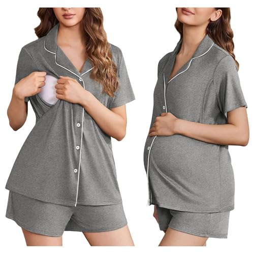 Ekouaer Maternity Sets Postpartum Nursing Pajamas for Women Summer Outfits - color: Middle Grey, size: Large