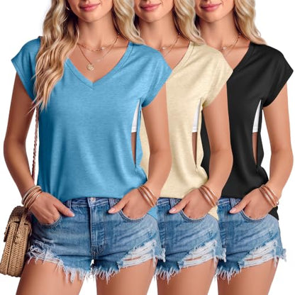 3 Pack Womens Nursing Tops V Neck - color: Blue, Apricot, Black, size: Large