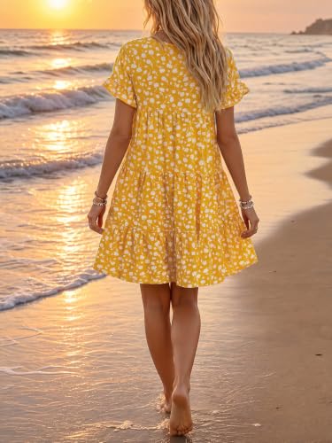 Womens Babydoll Dress Summer Boho Print Ruffles Loose Flowy Mini Dress - color: Ginger, size: Small