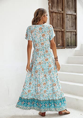 R.Vivimos Womens Summer Boho Floral Print V Neck Flowy Dress - color: Lightgreen, size: Large